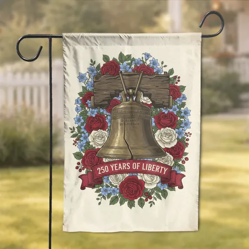 Liberty Bell Floral Wreath 250 Years of Liberty USA Patriotic 250th Anniversary 1776-2026 Garden Flag