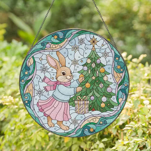Tiffany Style Stained Glass Bunny Christmas Tree Gift - Festive Snowflake Winter Holiday Scene Stained Glass Suncatcher