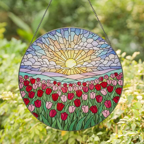 Blooming Red Pink Tulips Field Green Leaves Tiffany Stained Glass - Sun Hills Sky Mosaic Art Stained Glass Suncatcher