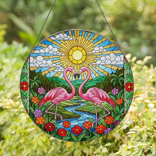 Two Pink Flamingos Stained Glass Art - Tiffany Style River, Flowers & Sky Mosaic Decor Stained Glass Suncatcher