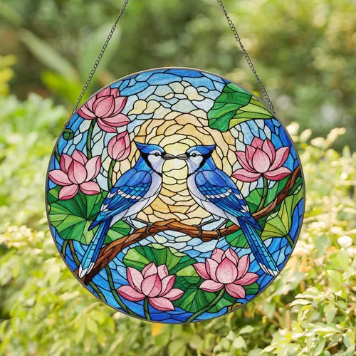 Blue Jays Lotus Flowers Stained Glass Mosaic Art - Intricate Nature Wildlife Home Decor Stained Glass Suncatcher