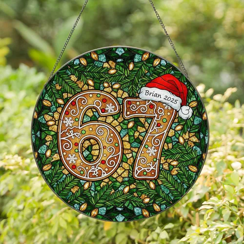 Gingerbread 6 & 7 Numbers Stained Glass, Santa Hat, Pine Fairy Lights - Brian 2025 Gift Stained Glass Suncatcher