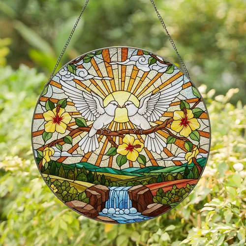 White Doves Hibiscus Waterfall Radiant Sun Stained Glass Tiffany Style Mosaic Art Stained Glass Suncatcher