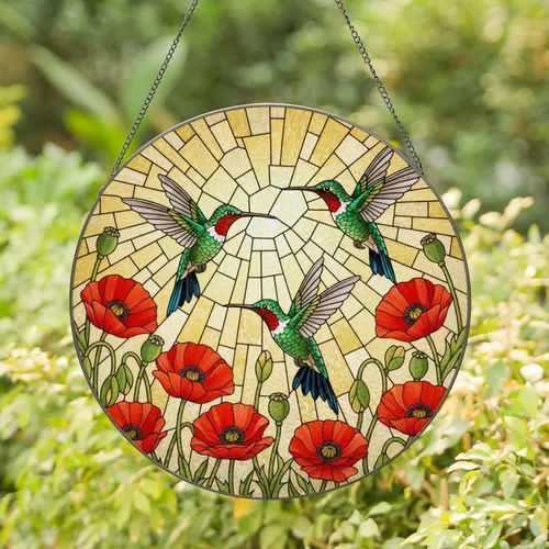 Ruby Throat Hummingbirds Poppies - Emerald Green Tiffany Style Stained Glass Sun-Drenched Mosaic Stained Glass Suncatcher