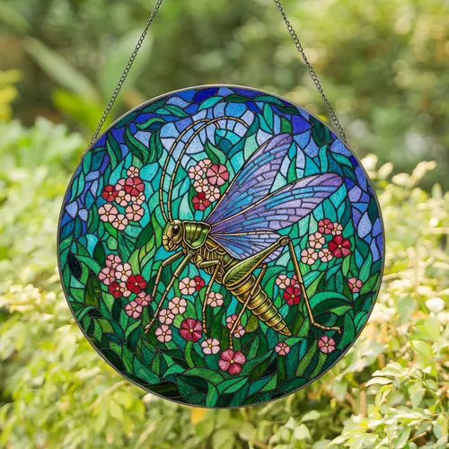 Majestic Iridescent Grasshopper Stained Glass Art - Tiffany Style Floral Nature Gift Stained Glass Suncatcher