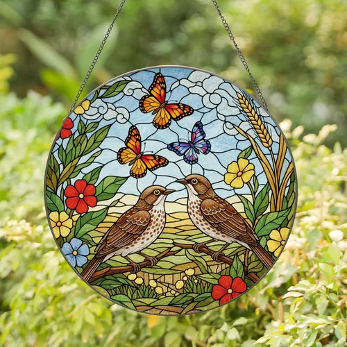 Speckled Brown Birds Butterflies Flowers Golden Wheat Tiffany Stained Glass Window Art Stained Glass Suncatcher