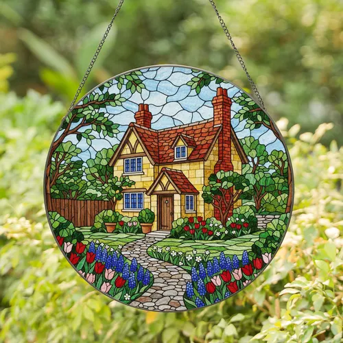 Detailed Stained Glass Cottage House, Vibrant Garden Path, Tiffany Style Jewel Tone Art Stained Glass Suncatcher