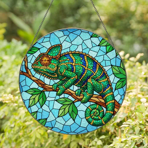 Chameleon Stained Glass Art - Tiffany Style Tree Branch Mosaic Sky Jewel Tones Design Stained Glass Suncatcher