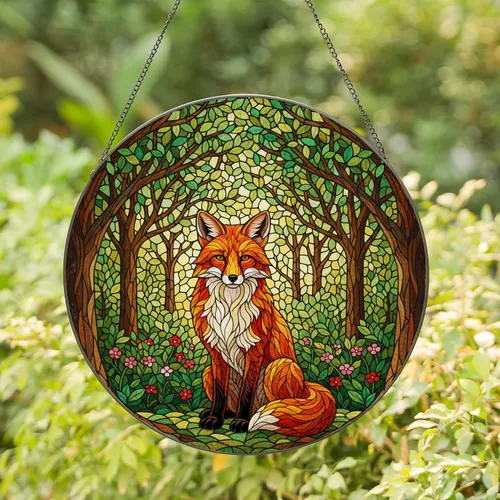Majestic Red Fox Forest Stained Glass Art - Intricate Tiffany Style Wildlife Decor Stained Glass Suncatcher