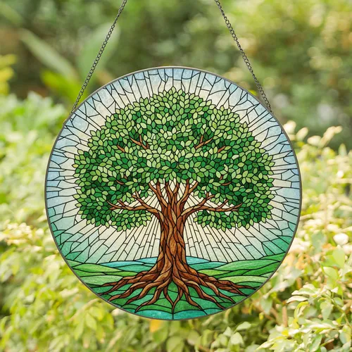 Stained Glass Gnarled Tree Roots Green Canopy Radiant Sunbeams Swirling Sky Tiffany Decor Stained Glass Suncatcher