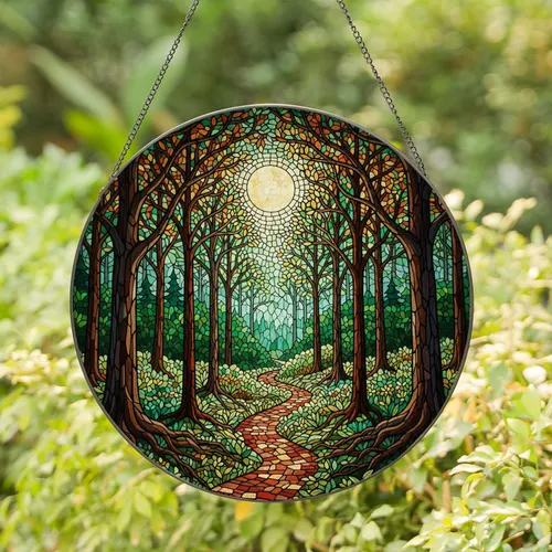 Full Moon Winding Forest Path Stained Glass Woodland - Intricate Deep Green Jewel Tone Art Stained Glass Suncatcher