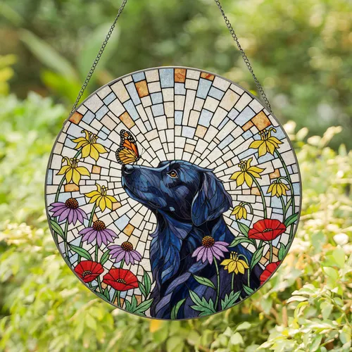 Black Dog Monarch Butterfly Wildflower Detailed Stained Glass Tiffany Art Home Decor Gift Stained Glass Suncatcher