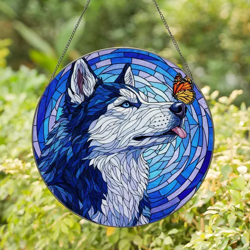 Siberian Husky Monarch Butterfly Stained Glass Tiffany Style Geometric Blue Purple Mosaic Stained Glass Suncatcher