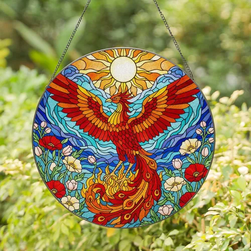 Majestic Phoenix Stained Glass Art with Mosaic Sun, Deep Blue Waves & Floral Detail Stained Glass Suncatcher