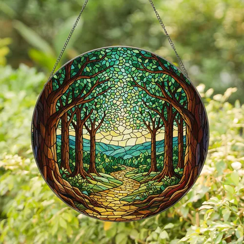 Sunlit Forest Path Stained Glass Woodland Trees Ethereal Vibrant Jewel Tones Art Stained Glass Suncatcher