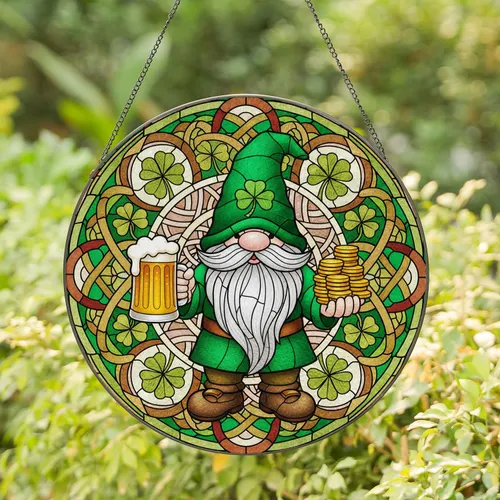 Irish Gnome Shamrock Beer St. Patrick's Day Gold Coins - Celtic Knotwork Stained Glass Art Stained Glass Suncatcher
