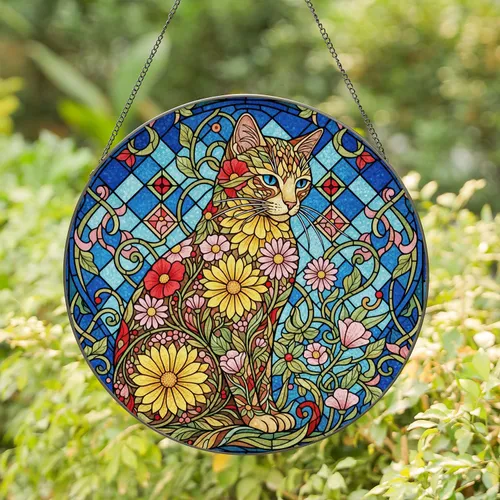 Stained Glass Floral Cat Mosaic Art, Chrysanthemums, Daisies & Poppies Garden Motif Stained Glass Suncatcher