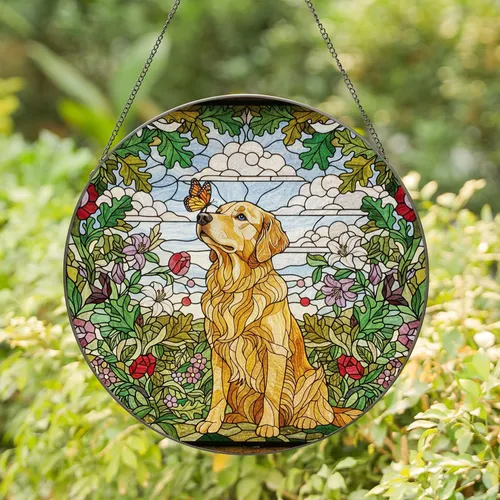 Golden Retriever Monarch Butterfly Stained Glass Mosaic Art - Nature Dog Lover Gift Stained Glass Suncatcher