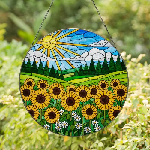 Tiffany Stained Glass Sunflowers Daisies Blue Sky Evergreen Hills Sun Design Stained Glass Suncatcher