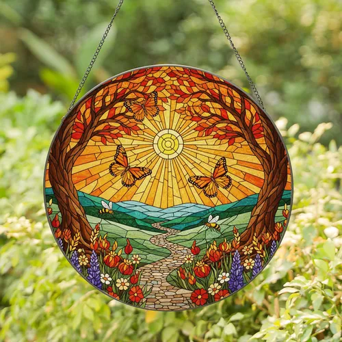 Tiffany Style Stained Glass Autumn Path, Monarch Butterflies, Wildflowers & Gnarled Trees Stained Glass Suncatcher