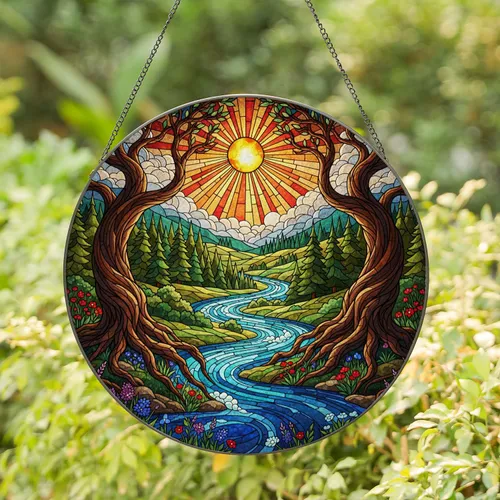Winding River Forest Valley Luminous Sun Gnarled Trees Wildflowers Stained Glass Style Stained Glass Suncatcher