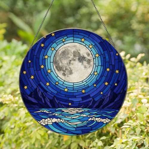 Stained Glass Full Moon Stars Ocean Waves Jagged Mountains Night Sky - Jewel Tone Art Stained Glass Suncatcher