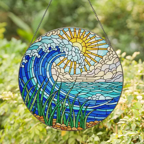 High Contrast Tiffany Glass Ocean Wave Radiant Sun Sea Grass Intricate Jewel Tones Scene Stained Glass Suncatcher