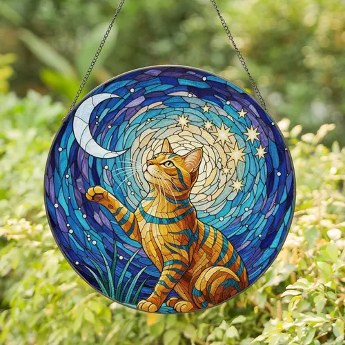 Stylized Tabby Cat Stained Glass Art - Starry Night Sky Crescent Moon Tiffany Style Stained Glass Suncatcher