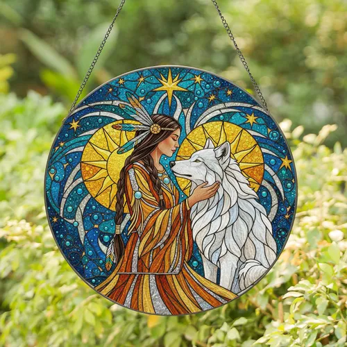 Indigenous Woman White Wolf Tiffany Stained Glass Celestial Sun Art Turquoise Jewels Stained Glass Suncatcher