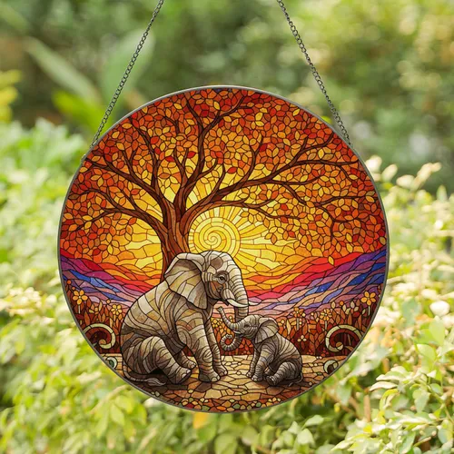Elephant Family Trunks Intertwined - Tiffany Style Glass, Autumn Leaves & Glowing Sun Stained Glass Suncatcher