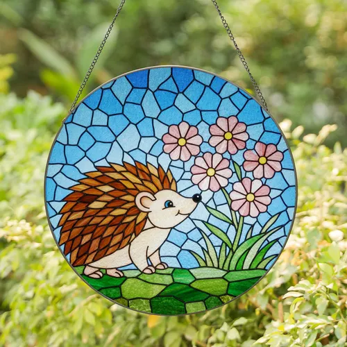 Intricate Hedgehog Stained Glass Art with Flowers & Mosaic Sky - Tiffany Jewel Tones Stained Glass Suncatcher