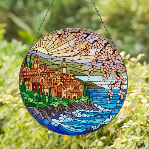 Coastal Village Stained Glass Art with Sea Cliffs, Blossoms & Cypress Trees Tiffany Style Stained Glass Suncatcher