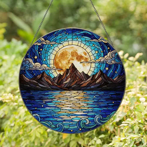 Glowing Full Moon Jagged Mountains Night Sky Water Reflection - Tiffany Stained Glass Jewel Tone Art Stained Glass Suncatcher