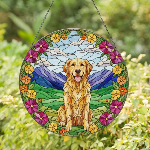 Golden Retriever Dog Stained Glass Art, Floral Petunia Frame, Mountain Hills Sky View Stained Glass Suncatcher
