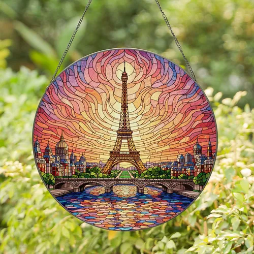 Eiffel Tower Stained Glass Art Parisian Cityscape Bridge Sunset Sunrise Decor Gift Stained Glass Suncatcher