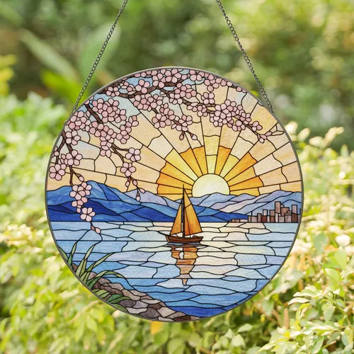 Sailboat Cherry Blossom City Skyline Mountain Ocean Sunset Glowing Jewel Tone Landscape Stained Glass Suncatcher
