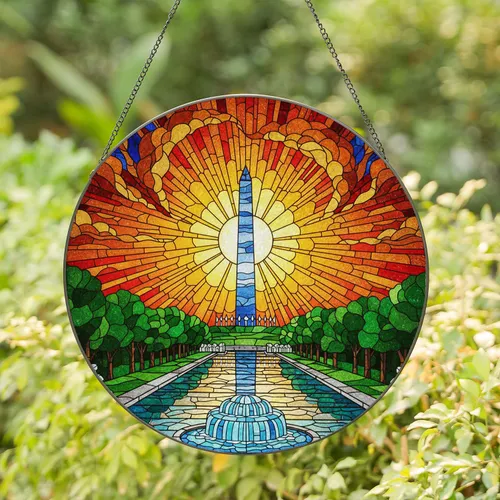 Washington Monument Reflecting Pool Tiffany Stained Glass Sunburst Sky Art Home Decor Stained Glass Suncatcher