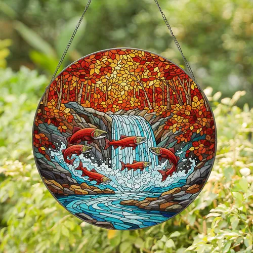 Red Salmon Waterfall Autumn Forest River Currents Tiffany Stained Glass Jewel Tone Art Stained Glass Suncatcher