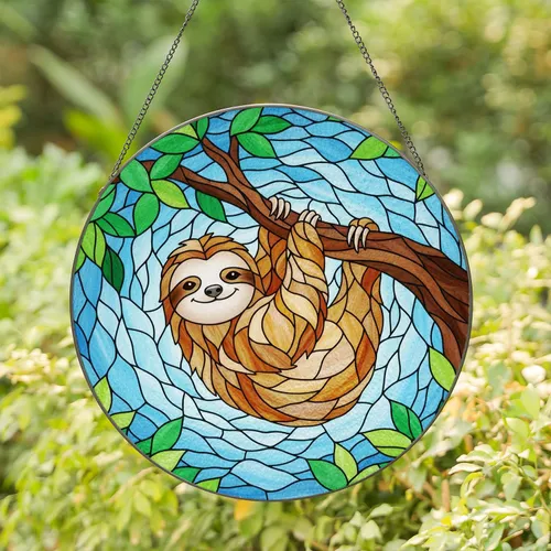 Smiling Sloth Stained Glass Tiffany Inspired Tree Branch Leaves Intricate Cloudy Sky Mosaic Stained Glass Suncatcher