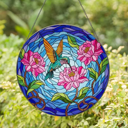 Hummingbird Flower Tiffany Stained Glass Mosaic Art with Intricate Jewel Tones Stained Glass Suncatcher