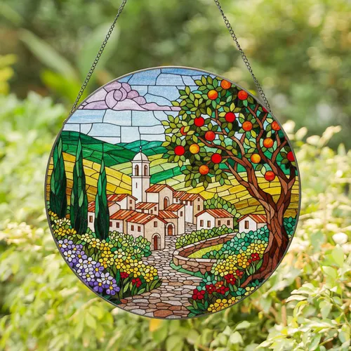 Mediterranean Village Stained Glass Artwork - Fruit Tree, Cypress & Church Decor Stained Glass Suncatcher