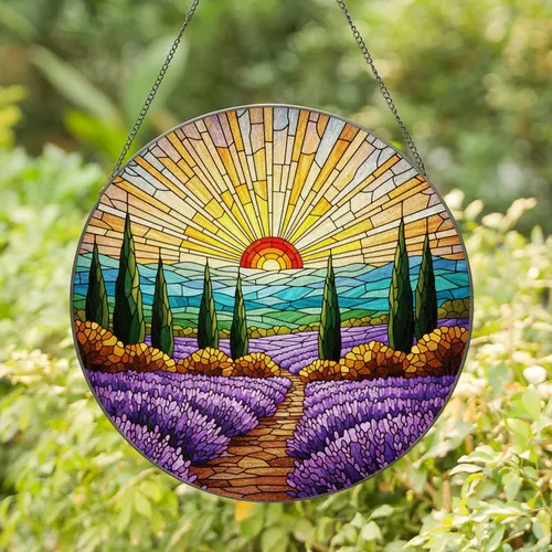 Lavender Field Cypress Trees Sunrise Rolling Hills Edge-to-Edge Stained Glass Art Stained Glass Suncatcher