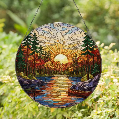 Stained Glass Sunset Lake Canoe Forest Art - Tiffany Style Nature Home Decor Gift Stained Glass Suncatcher