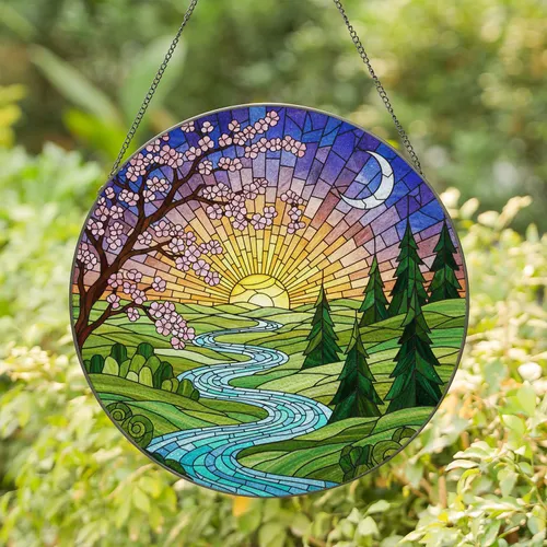 Setting Sun Crescent Moon River Landscape Cherry Blossom Conifer Trees Tiffany Jewel Tones Stained Glass Suncatcher