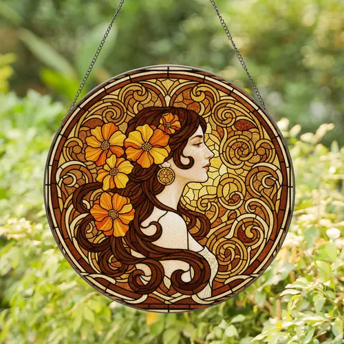 Art Nouveau Woman Profile Dark Brown Hair Orange Yellow Flowers - Tiffany Glass Inspired Stained Glass Suncatcher