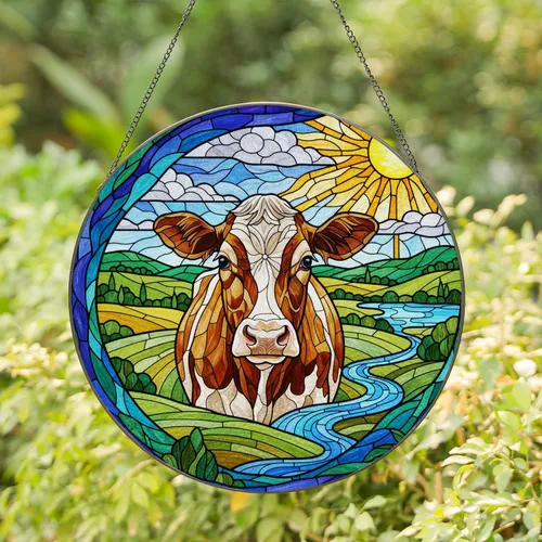 Brown Patchy Cow Head Tiffany Stained Glass Pastoral Landscape Farm Animal Art Stained Glass Suncatcher