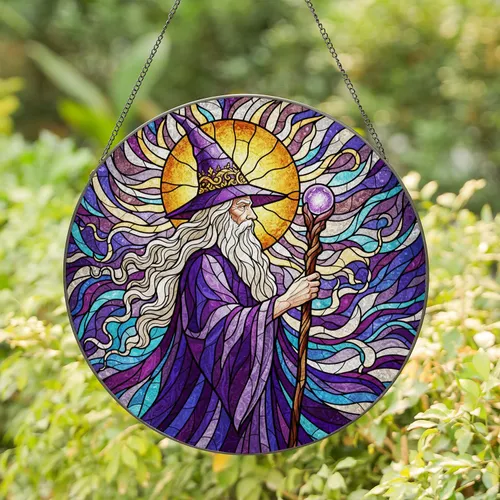 Wise Old Wizard Purple Hat Glowing Staff Stained Glass Mosaic Art Translucent Jewel Tones Stained Glass Suncatcher
