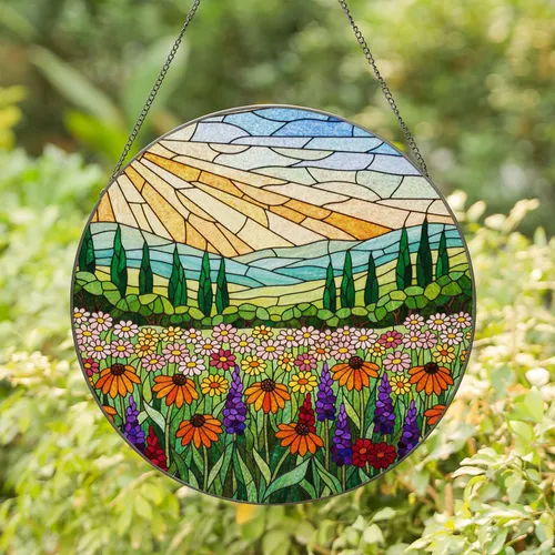 Tiffany Stained Glass Wildflower Landscape with Orange Coneflowers, Cypress, Radiant Sun Stained Glass Suncatcher