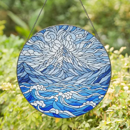 Snow-Capped Mountain & Ocean Waves Stained Glass - Tiffany Jewel Tone Blue Art Decor Stained Glass Suncatcher