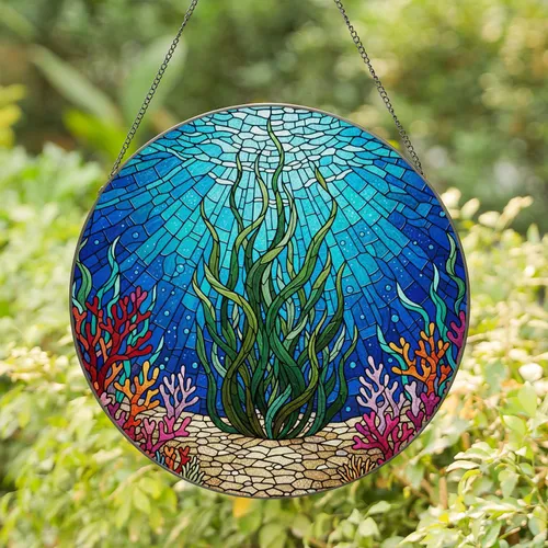 Underwater Kelp Forest Coral Reef Sea Anemone Sandy Seabed Jewel Tone Stained Glass Art Stained Glass Suncatcher